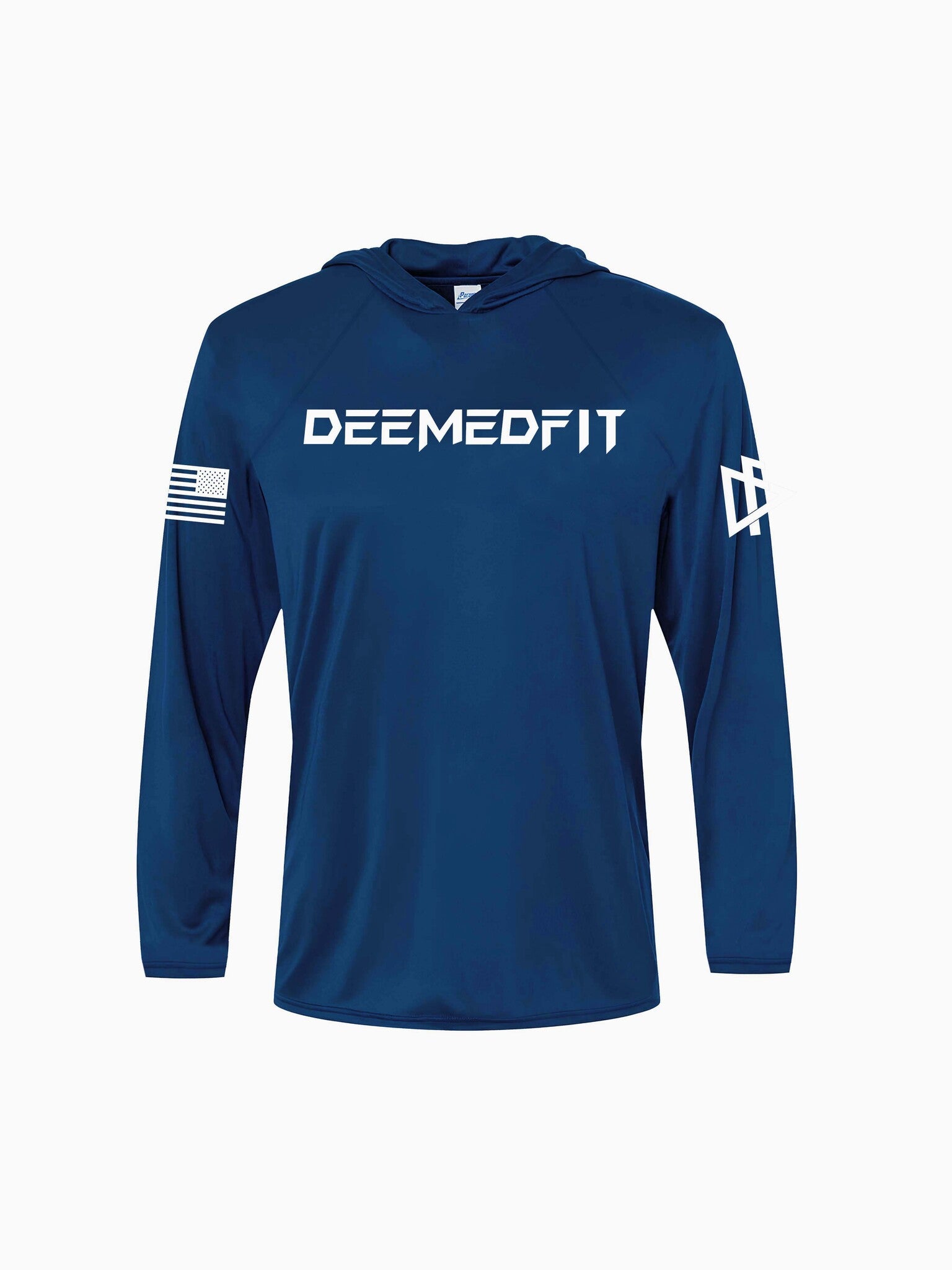 A blue performance hoodie with long sleeves, featuring the text 'DEEMEDFIT' on the front and a small flag design. The hoodie has a slim fit and a drop-cut hem.