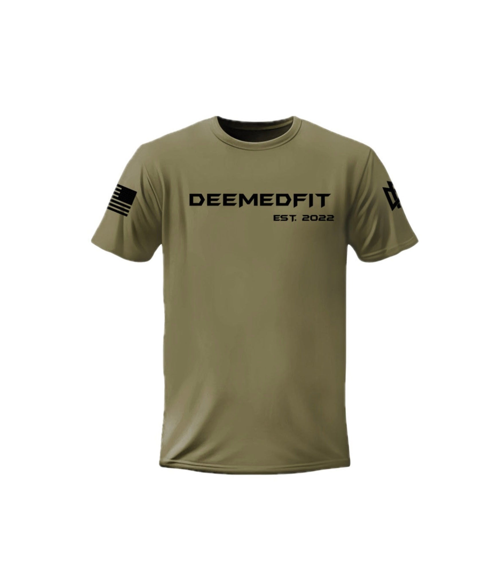 Man wearing the olive “Compellence” tee by DeemedFit, mid-workout in a gym setting