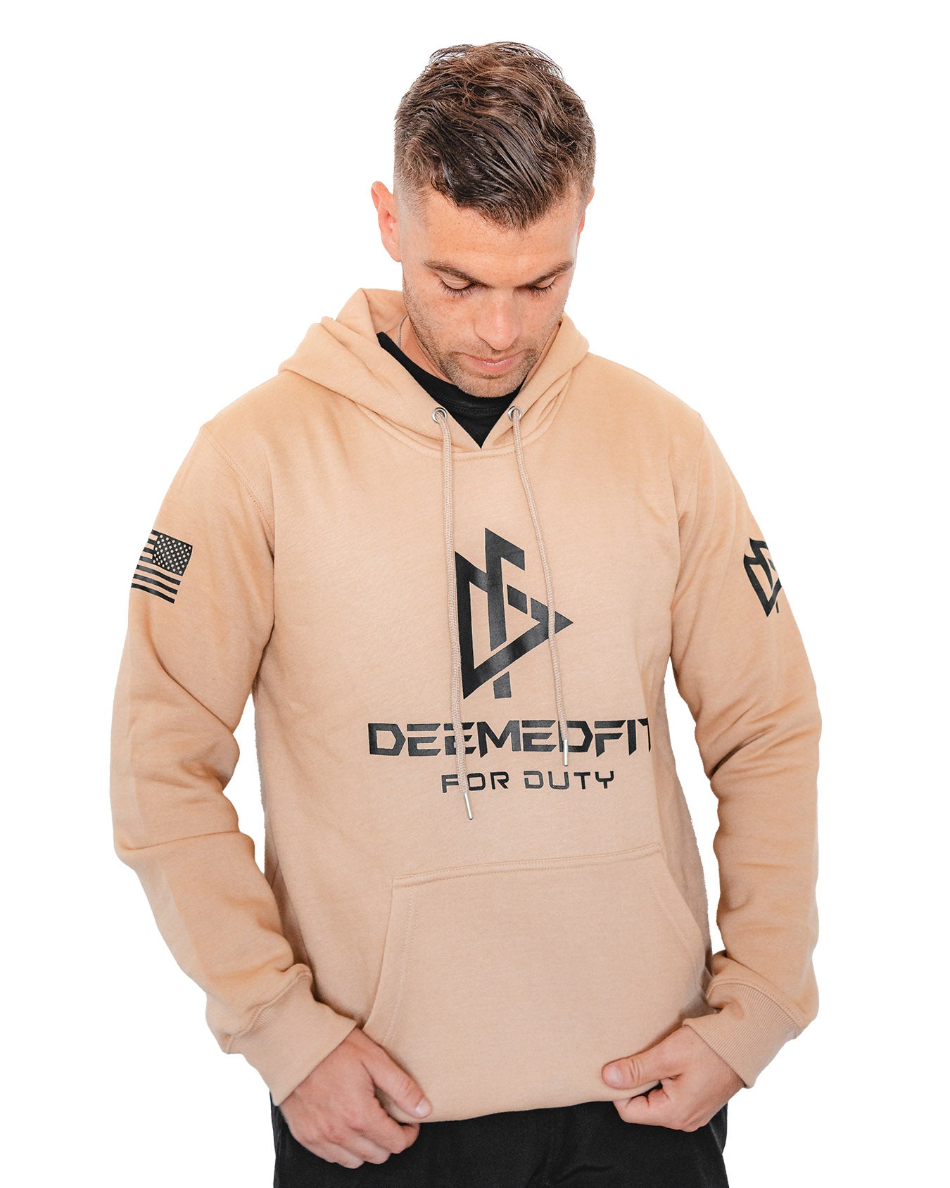 hoodie with front pockets, featuring the text 'DEEMEDFIT' and 'FOR GTAV' on the front, and an American flag on the left sleeve.