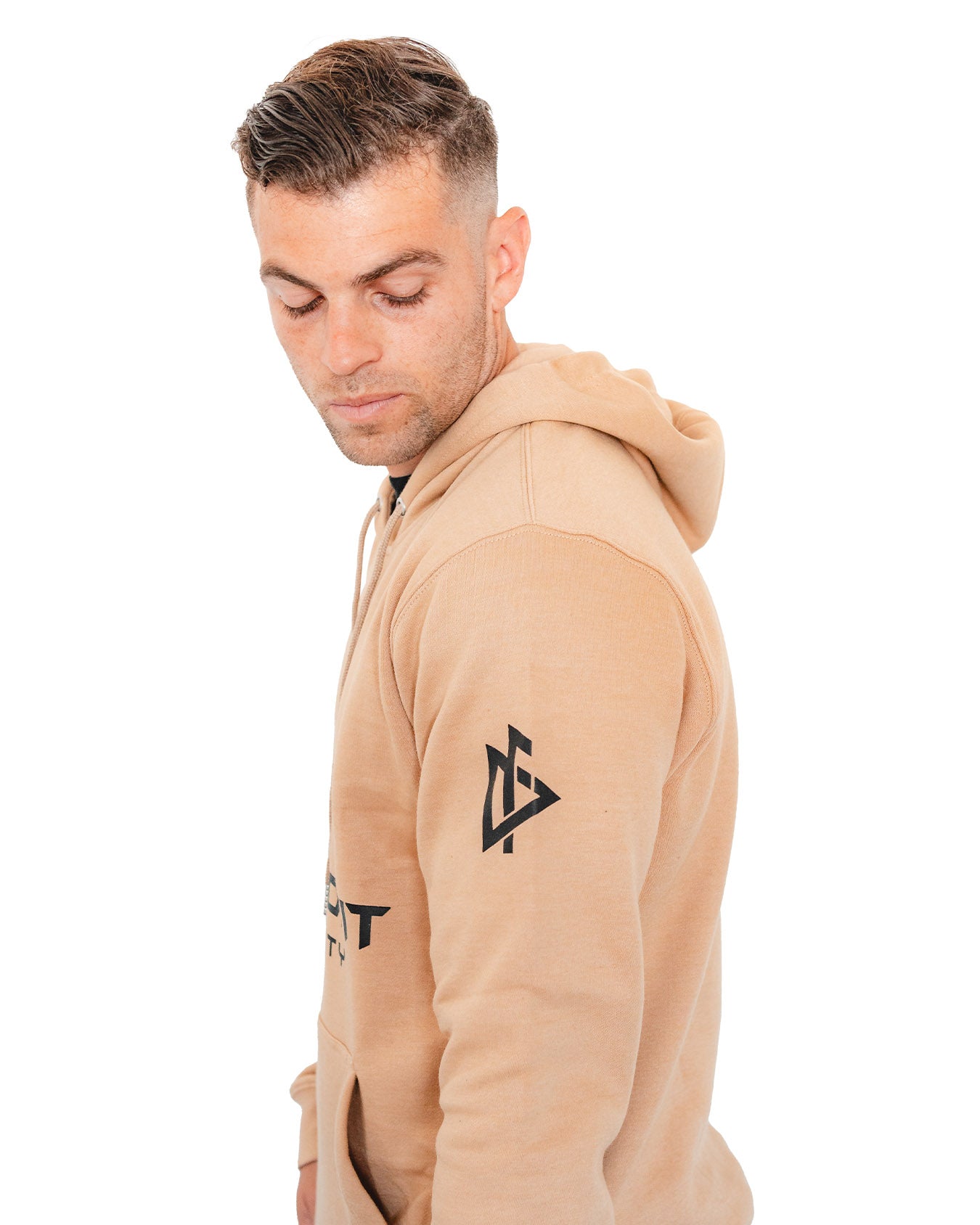 Tan hoodie with 'DEEMEDFIT' and 'FOR GTAV' text on the chest, front pockets, and an American flag on the left sleeve.
