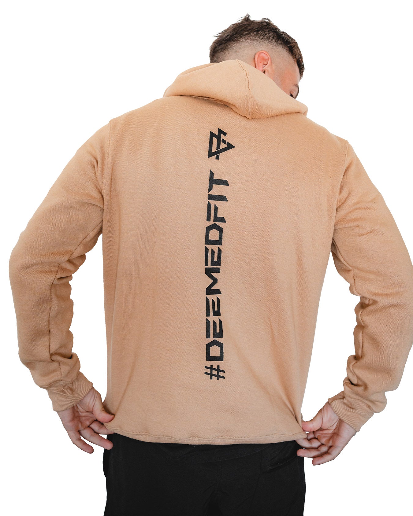 Close-up of the chest area on a tan hoodie showing 'FOR GTAV' under the 'DEEMEDFIT' logo.