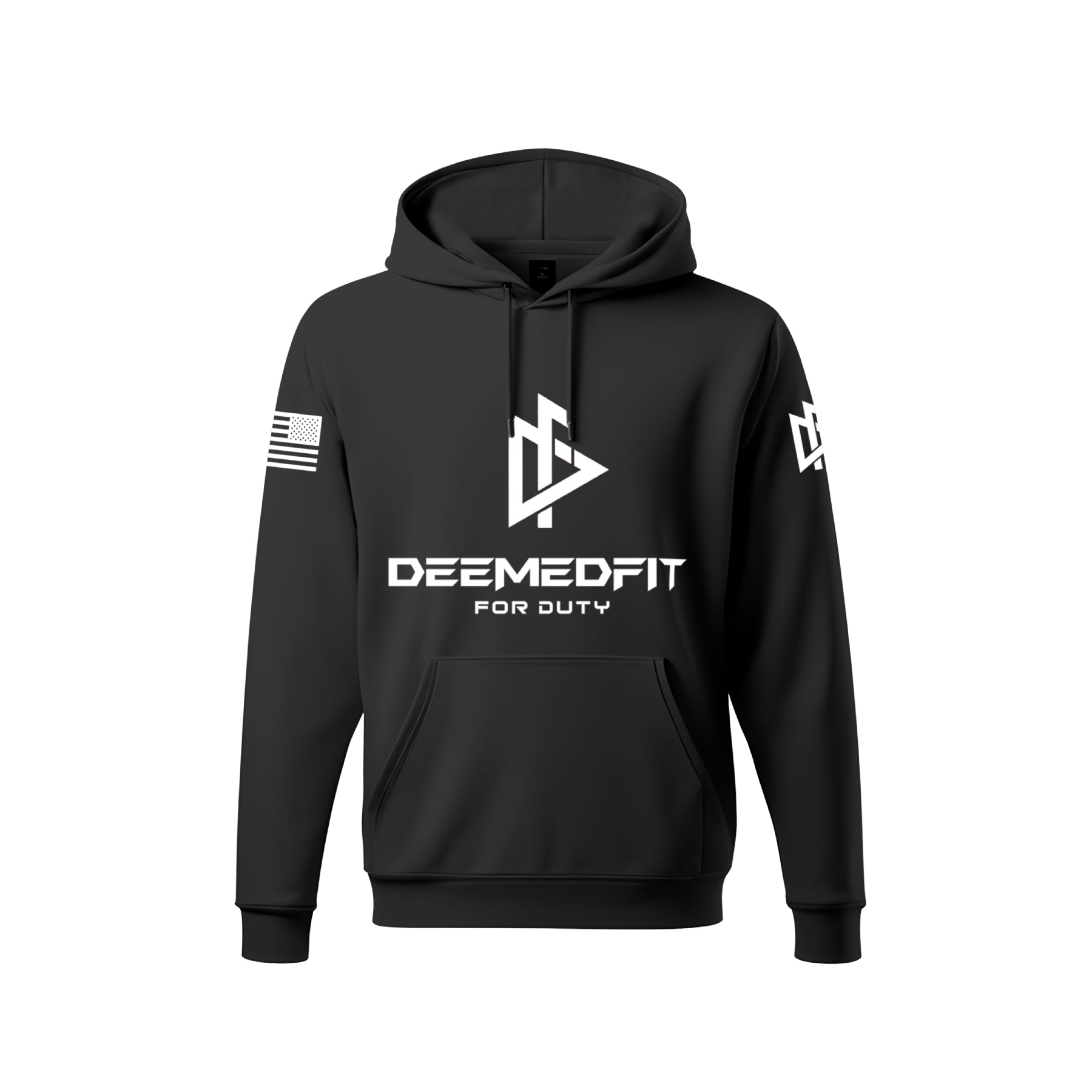 A black unisex hoodie with front pockets, featuring the 'Deemedfit' brand logo on the chest and additional branding on the sleeves.