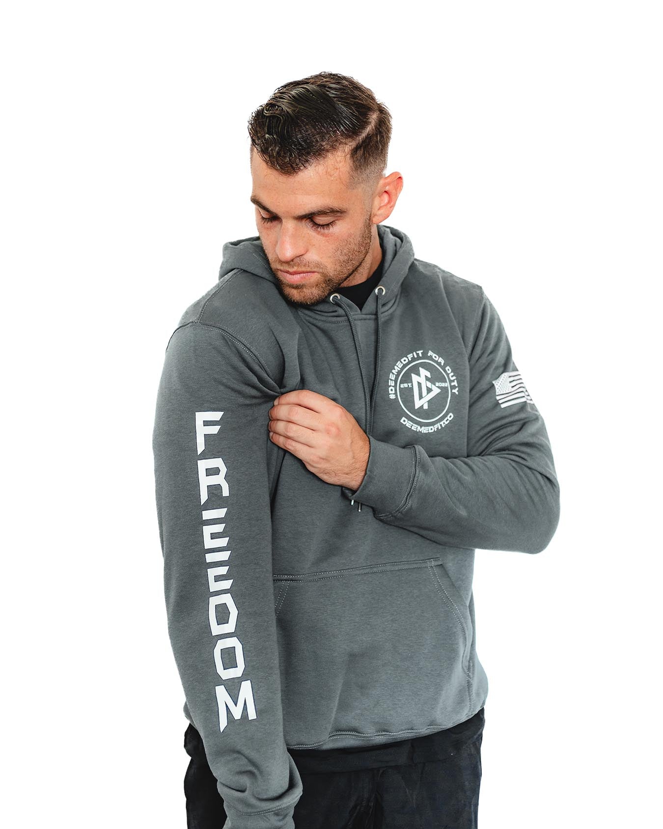 Patriotic-themed hoodie with 'Freedom' sleeve detail and flag graphics.