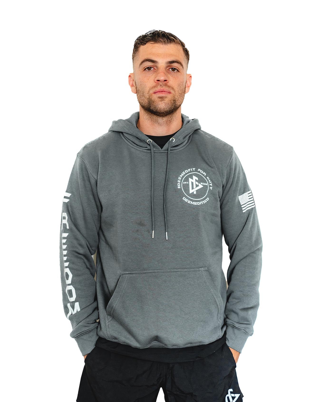 Gray pullover hoodie with 'Freedom' text on right arm and American flag on left arm.