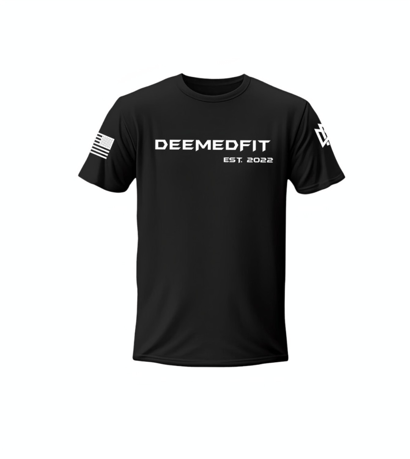 A black men's gym tee with 'DEEMEDFIT EST 2022' printed on the front and a flag graphic on the right sleeve.