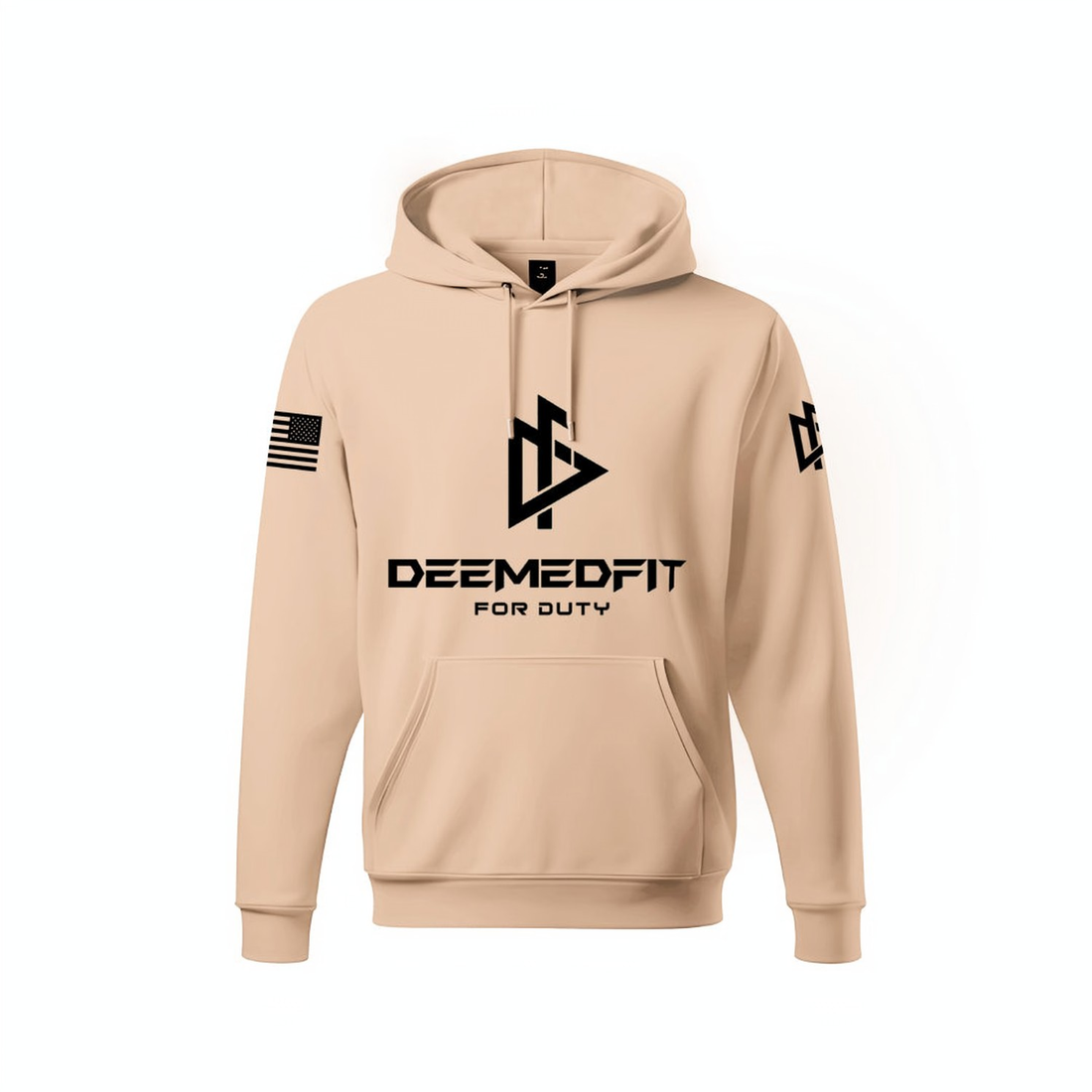 A tan-colored hoodie with front pockets, featuring the text 'DEEMEDFIT' and 'FOR GTAV' on the front, and an American flag on the left sleeve.