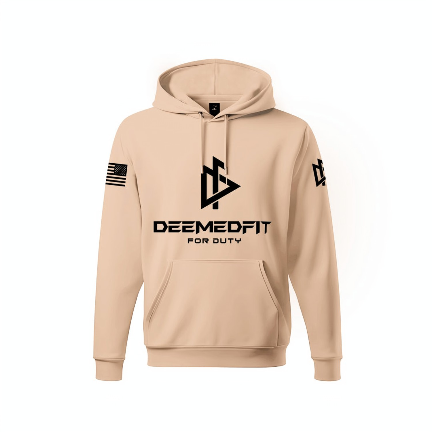 A tan-colored hoodie with front pockets, featuring the text 'DEEMEDFIT' and 'FOR GTAV' on the front, and an American flag on the left sleeve.