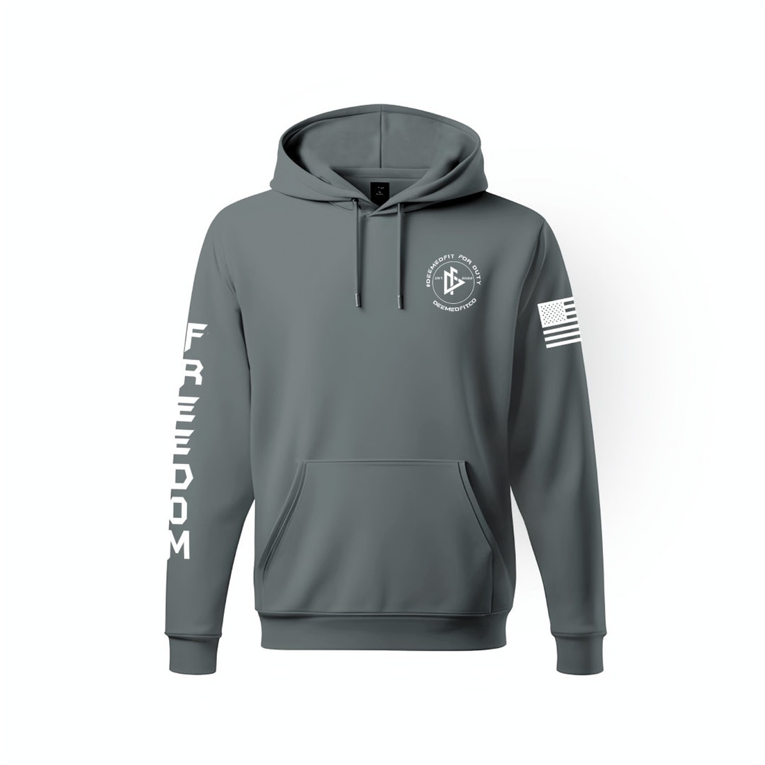 A gray pullover hoodie with 'Freedom' written on the right arm and an American flag on the left arm. The back has a flag design with stripes and stars.