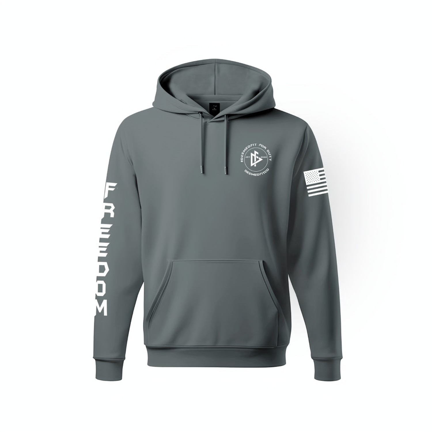 A gray pullover hoodie with 'Freedom' written on the right arm and an American flag on the left arm. The back has a flag design with stripes and stars.