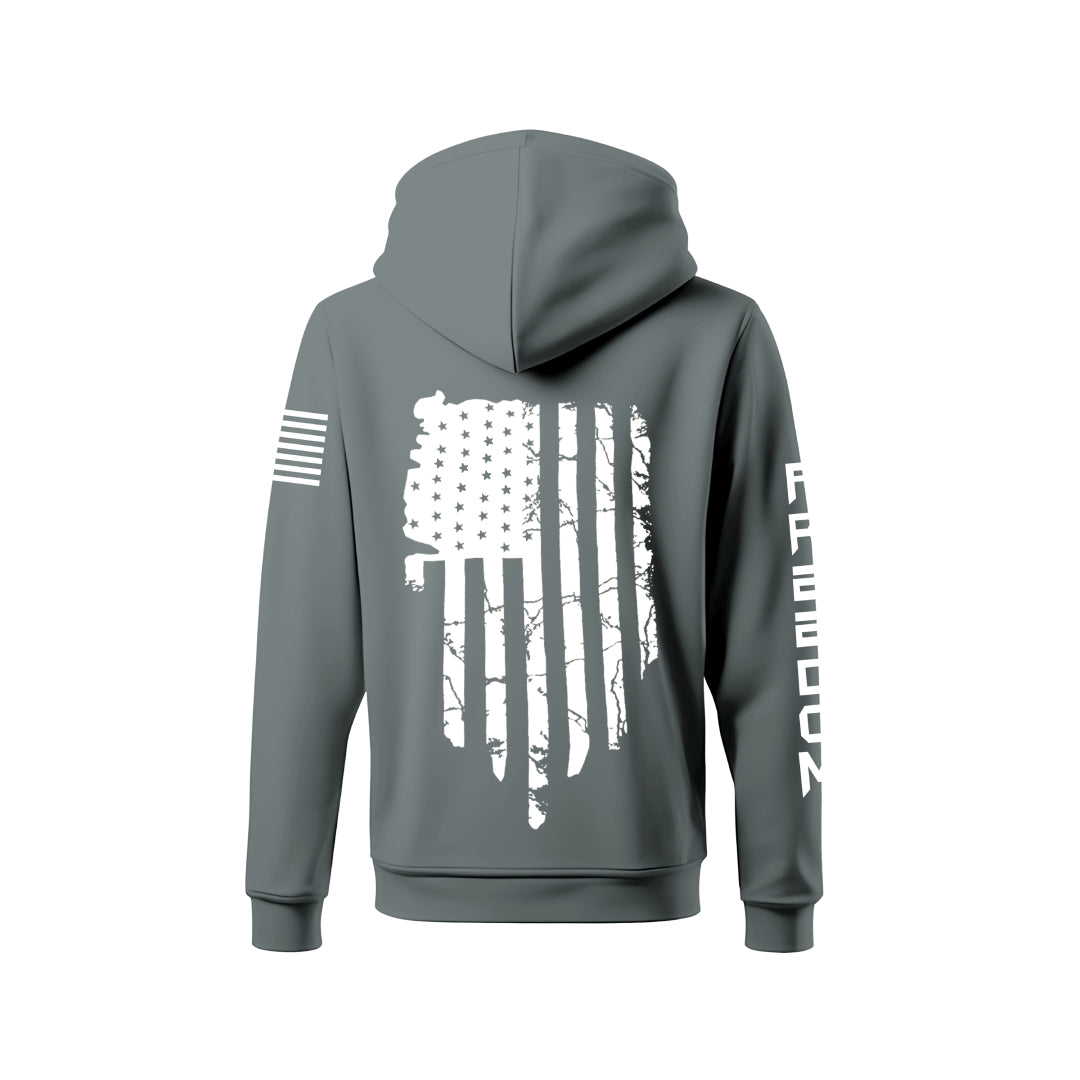 Full shot of gray pullover hoodie with American flag-inspired back design.