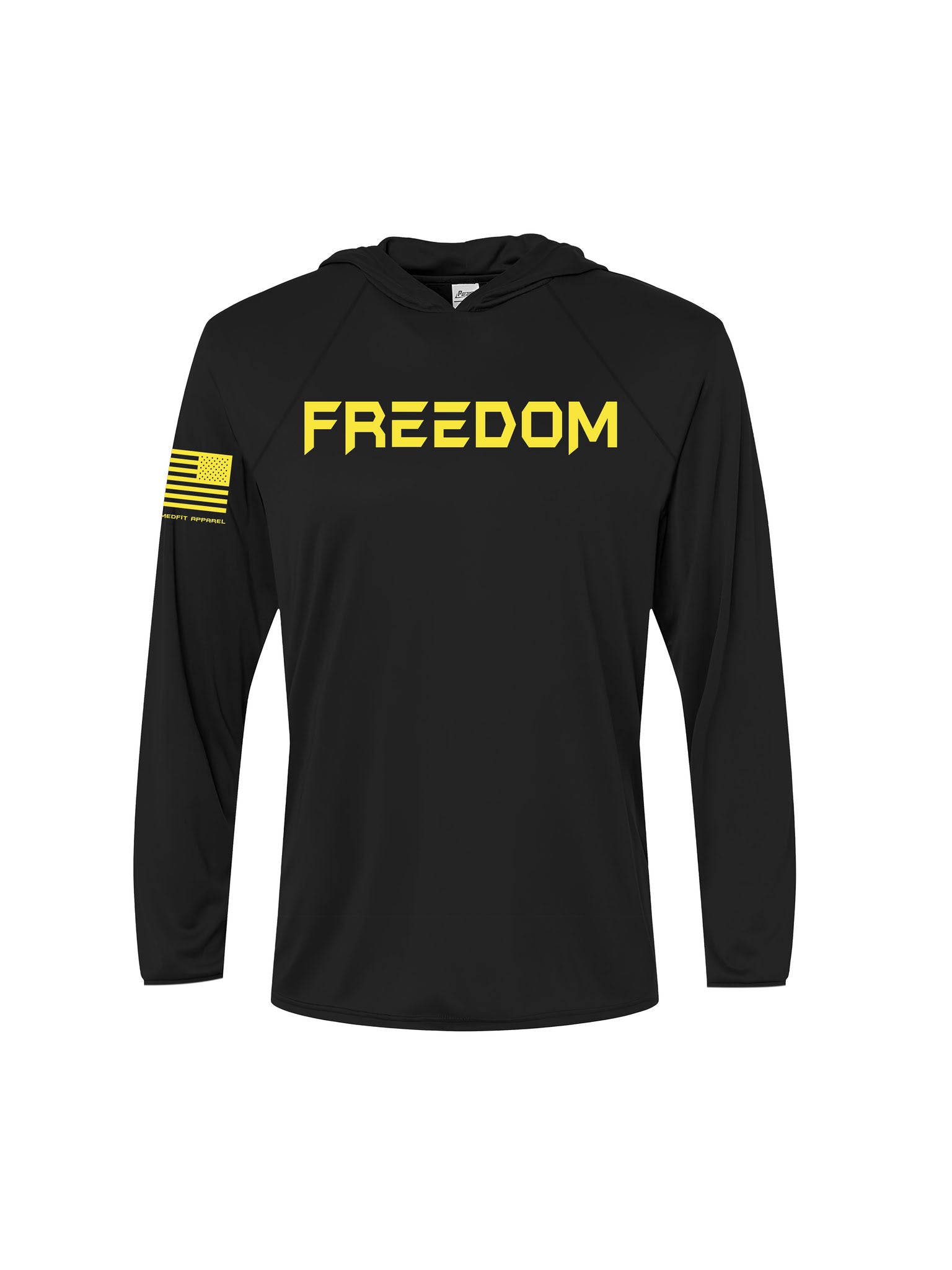 Black long-sleeve shirt with 'FREEDOM' printed in yellow on a white background