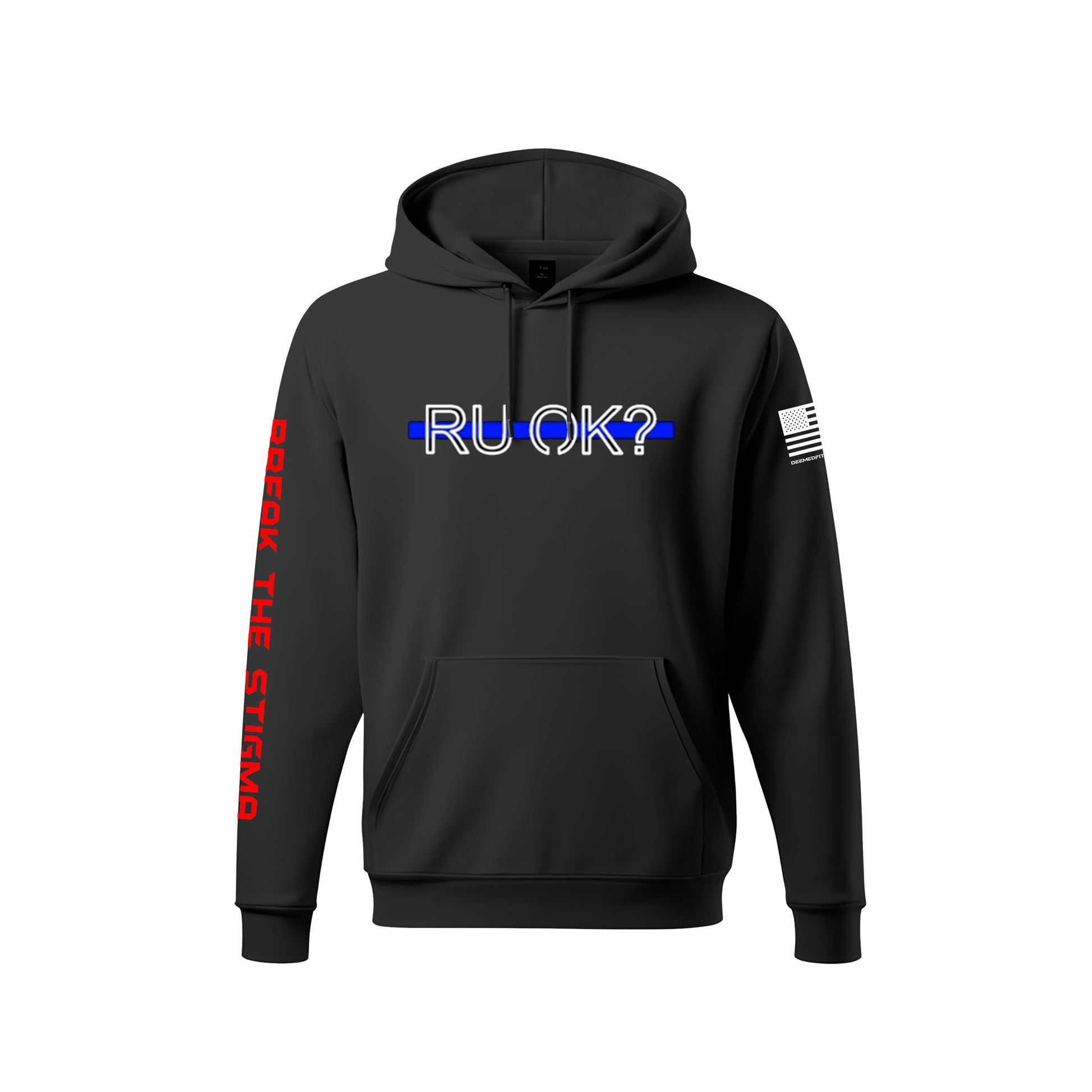 Black hoodie with text and graphics on a white background