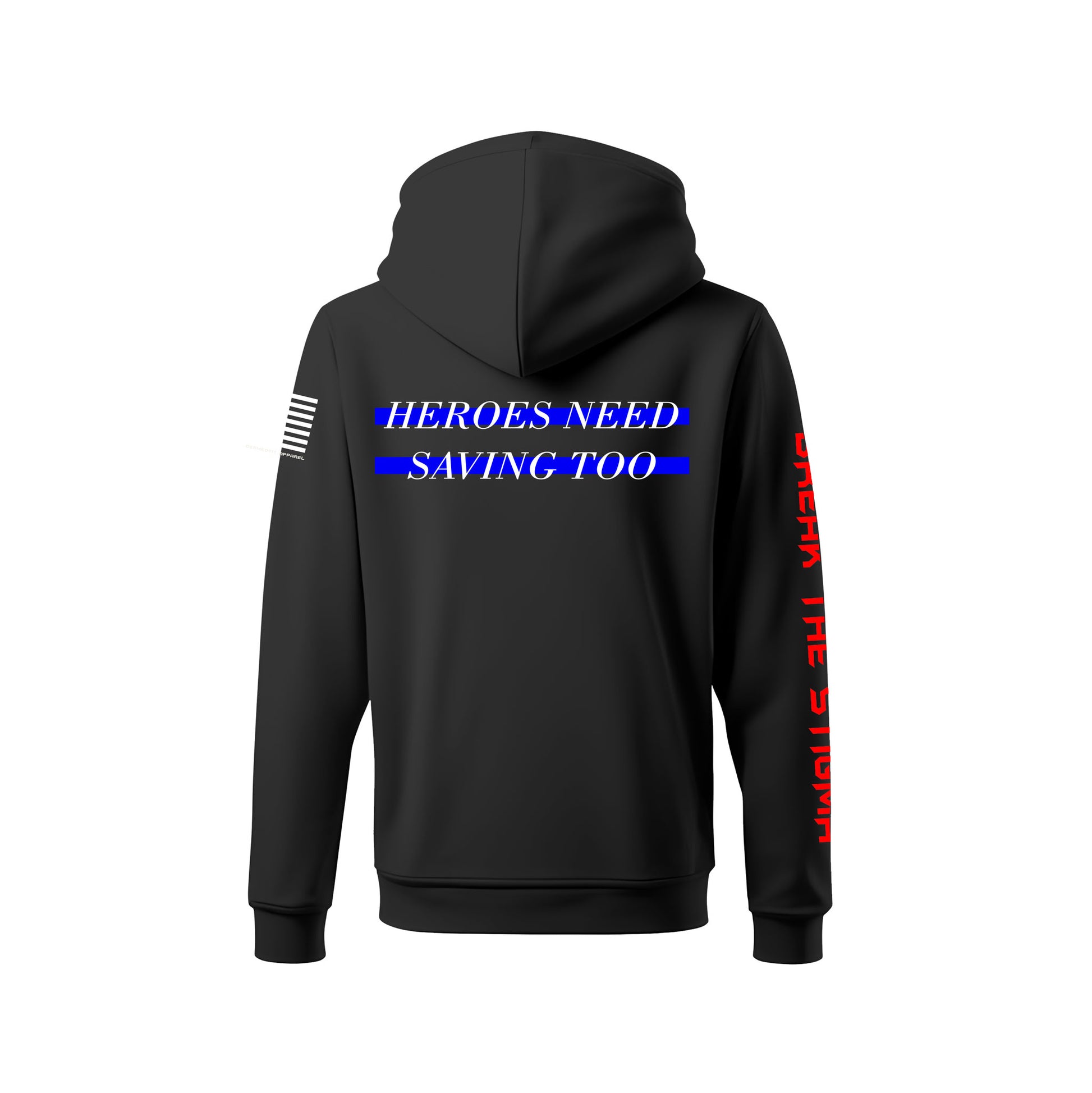 Black hoodie with text and graphics on the back and sleeve against a white background