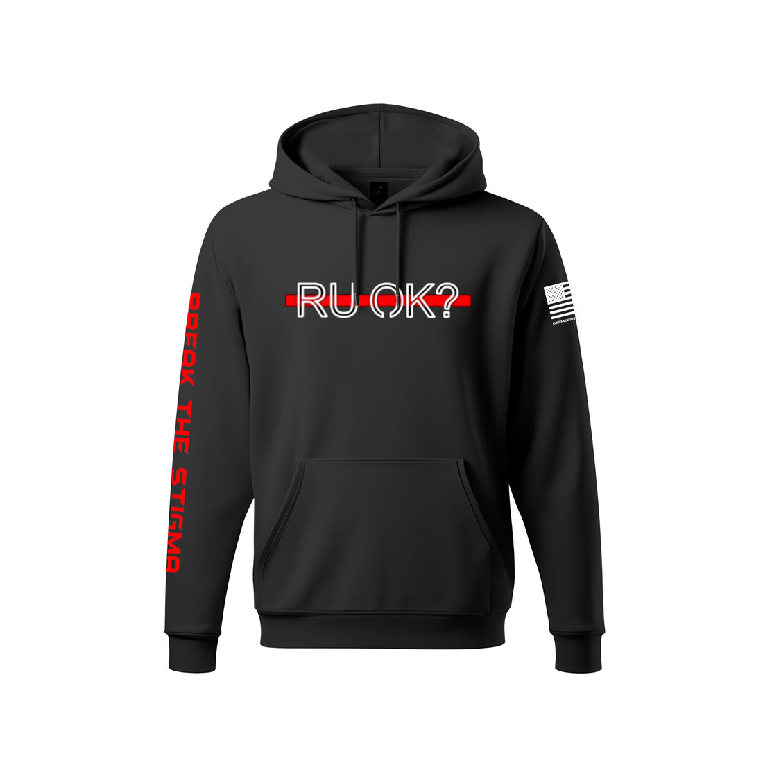 Black hoodie with text and graphics on a white background