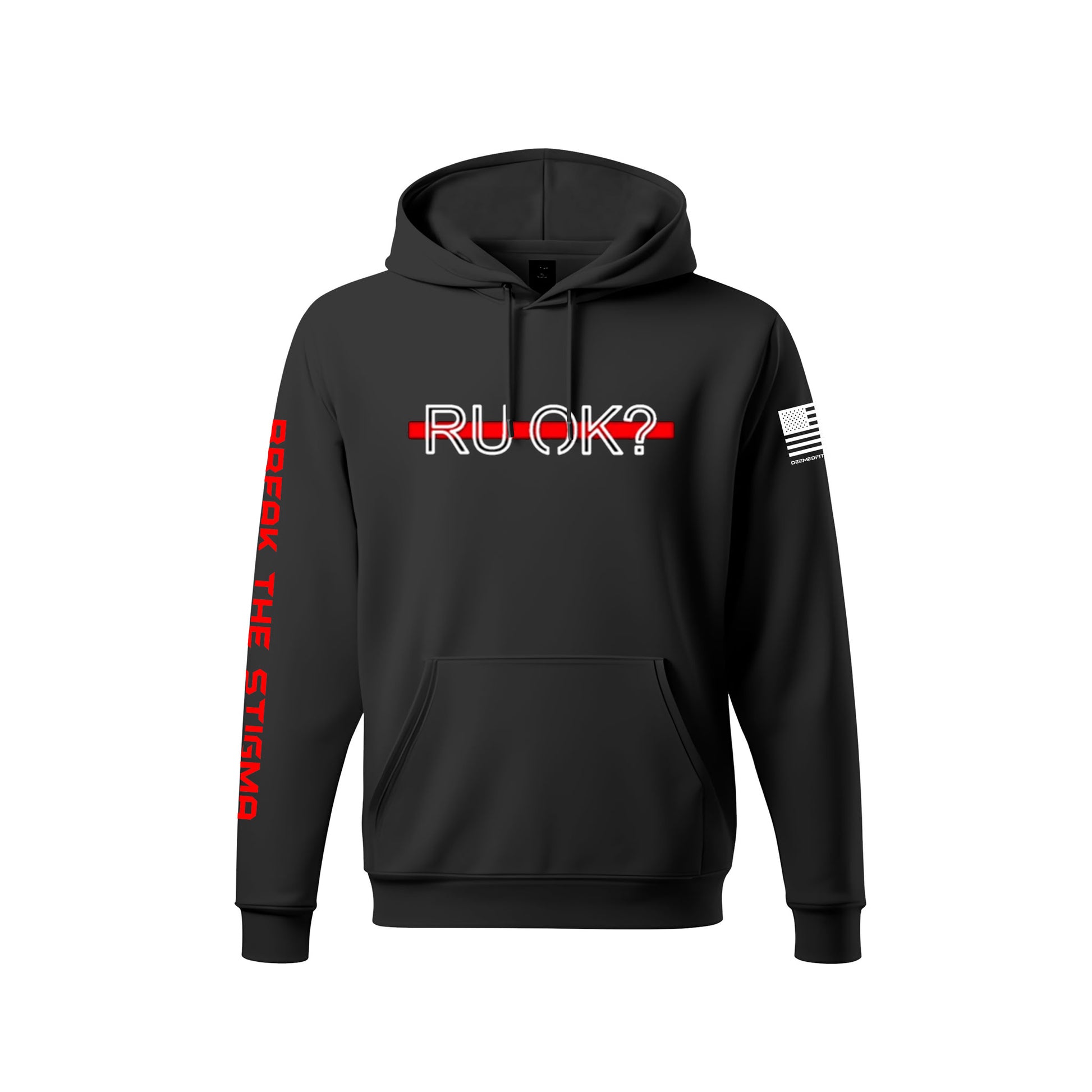 Black hoodie with text and graphics on a white background