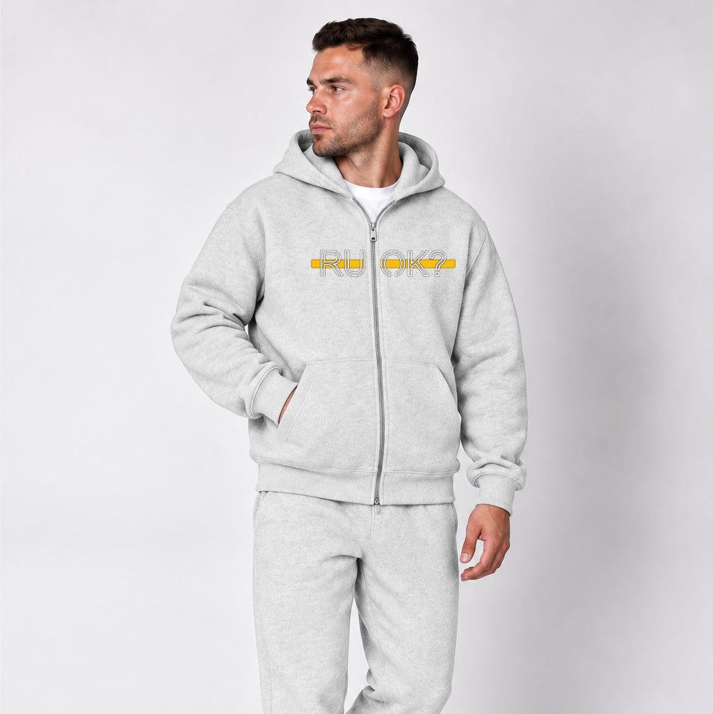 Heavyweight Zip-Up Stigma-Breaking Hoodie, Gold Line, photo 3 - 911 Dispatcher Mental Health Apparel - DeemedFit #oat-gray