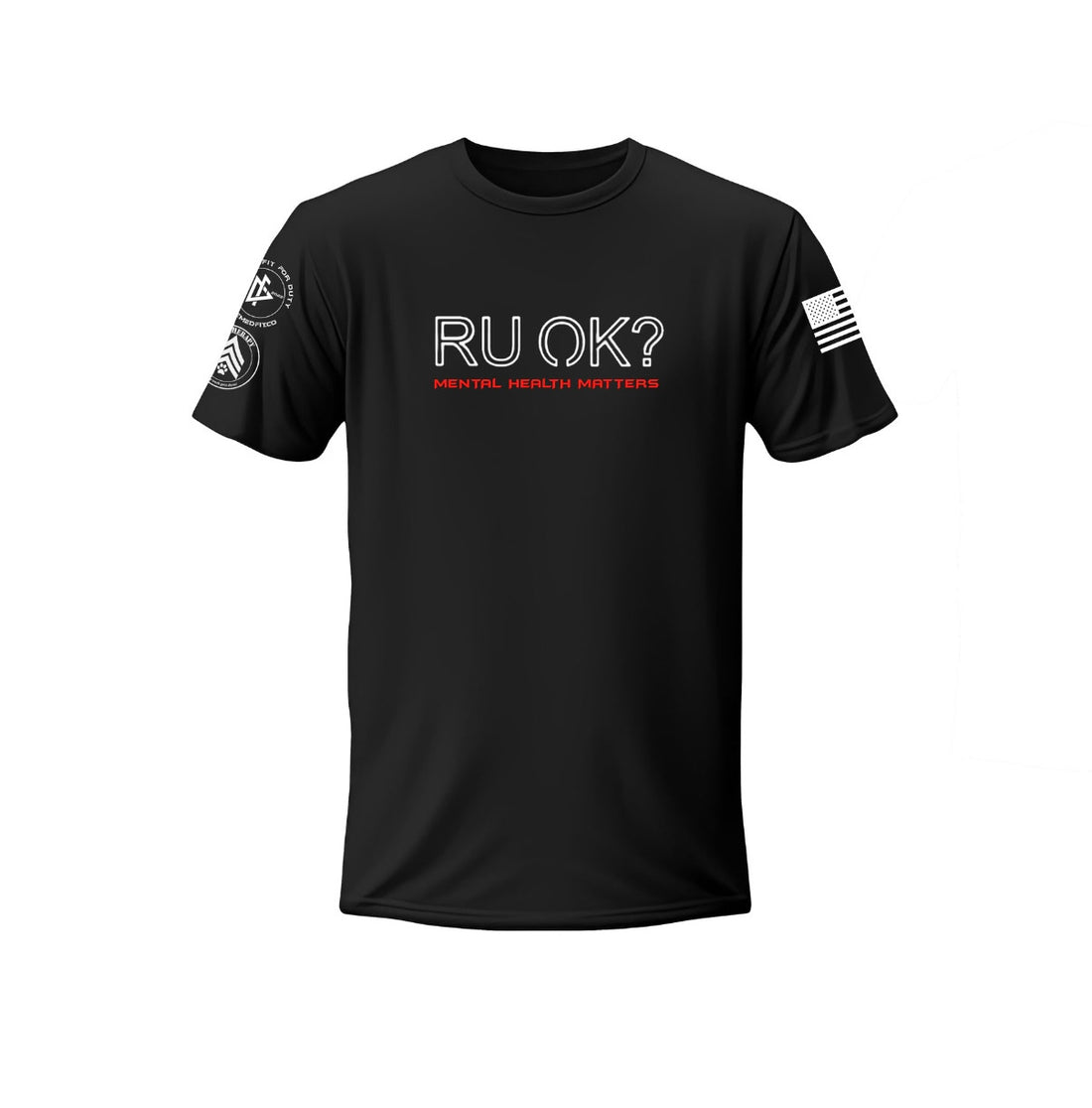 Black t-shirt with 'RU OK?' and 'Mental Health Matters' text on a white background