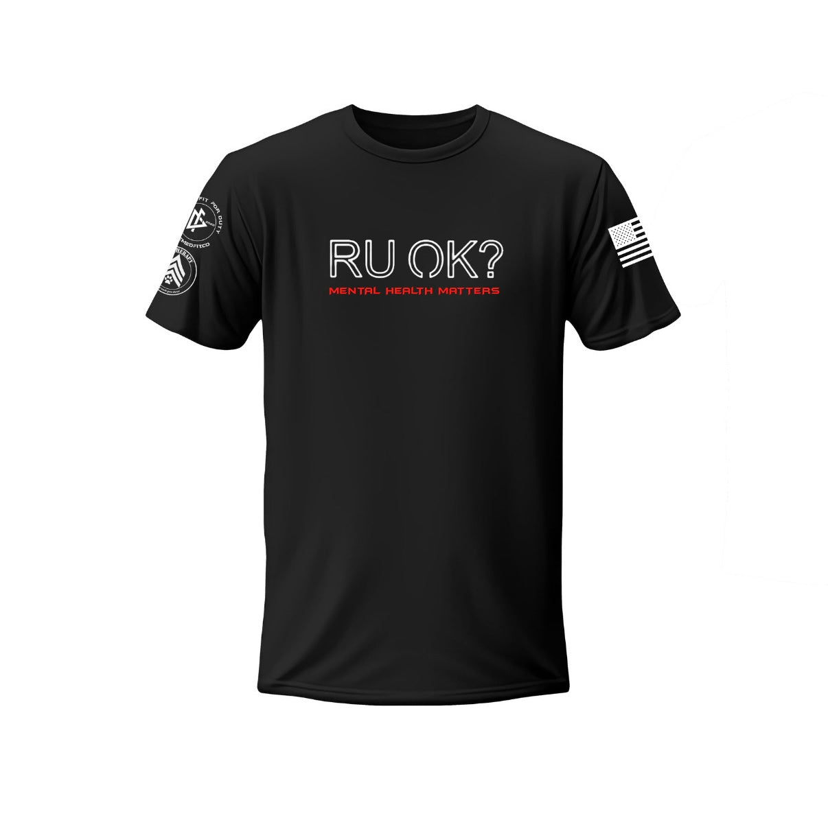 Black t-shirt with 'RU OK?' and 'Mental Health Matters' text on a white background