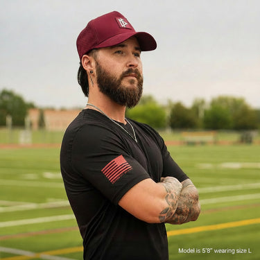 Man wearing Apex Shirt in Red Flag colorway, lifestyle shot