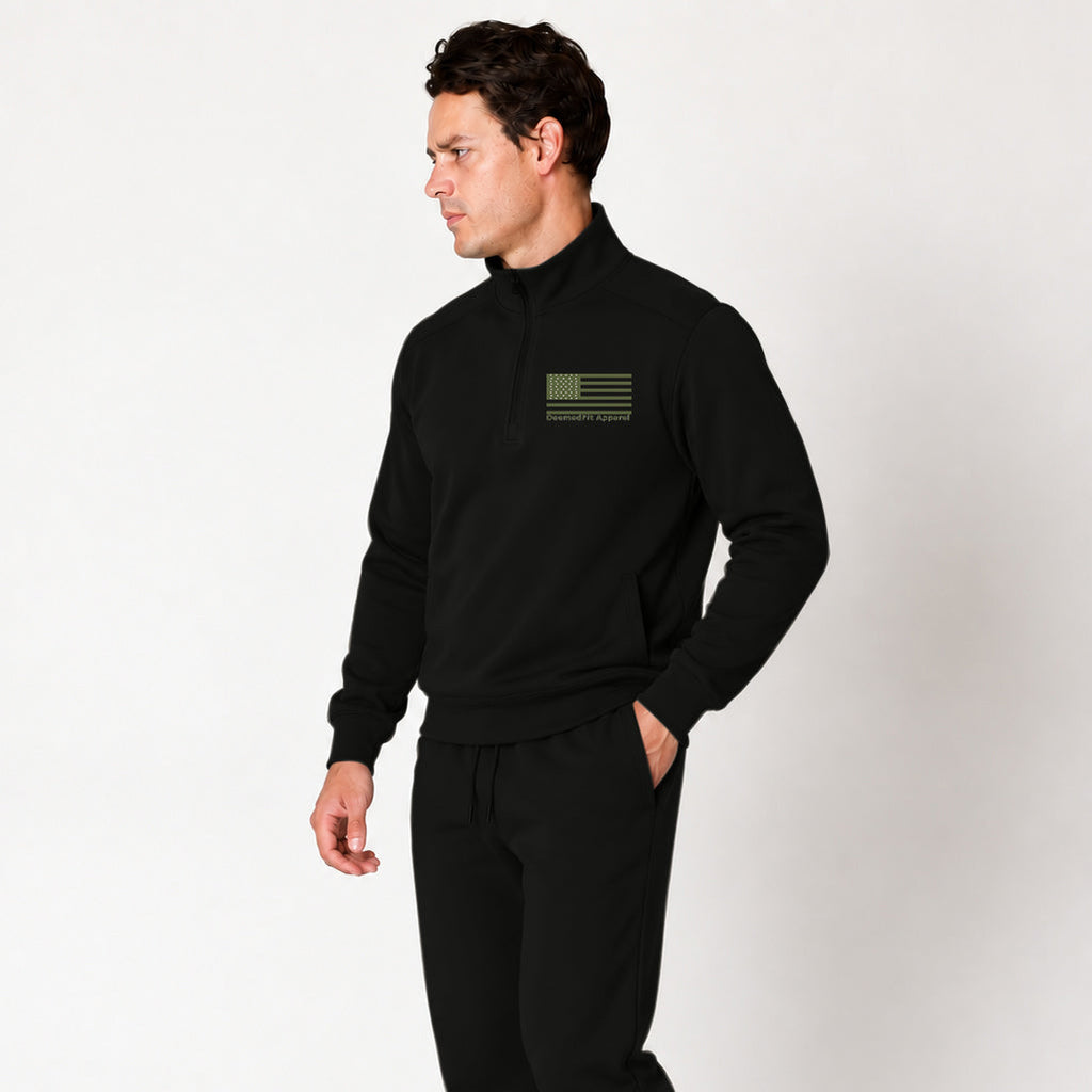 Green Line Quarter Zip Pullover, photo 7 - Military and Veteran Mental Health Apparel - DeemedFit #black