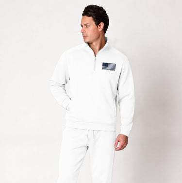 White Blue Line quarter zip pullover worn by a model, full front view