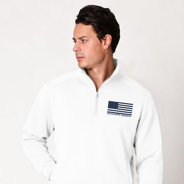 White Blue Line quarter zip pullover worn by a model, front view