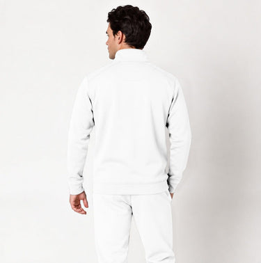 White Blue Line quarter zip pullover worn by a model, back view