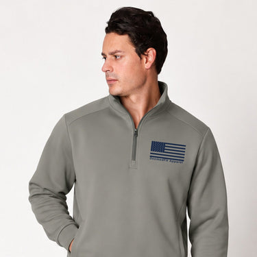 Dark gray Blue Line quarter zip pullover worn by a model, front view