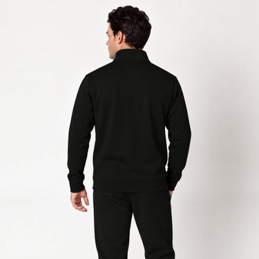 Black Blue Line quarter zip pullover worn by a model, back view