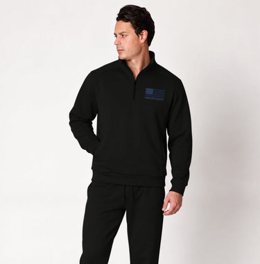 Black Blue Line quarter zip pullover worn by a model, full front view