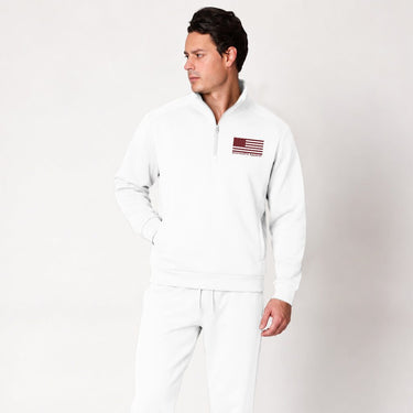 Dark gray Red Line quarter zip pullover worn by a model, full front view