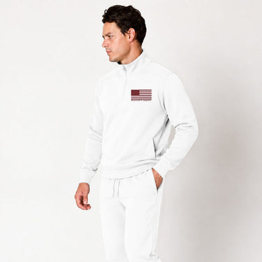 White Red Line quarter zip pullover worn by a model, front view