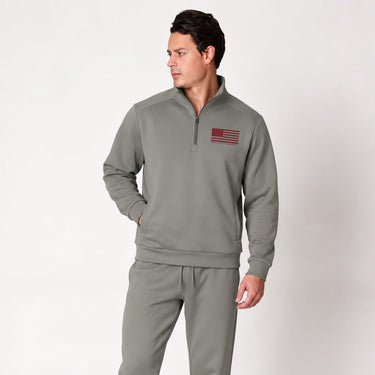 White Red Line quarter zip pullover worn by a model, full front view