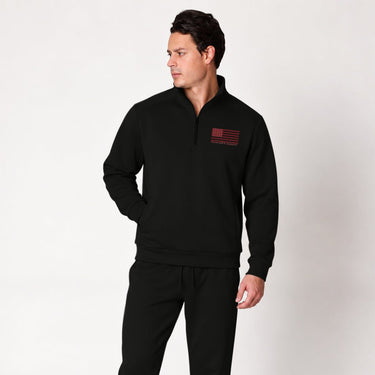 Black Red Line quarter zip pullover worn by a model, full front view