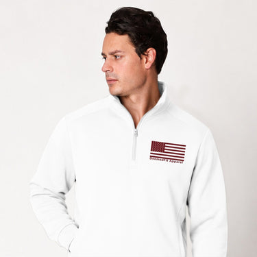 Dark gray Red Line quarter zip pullover worn by a model, front view