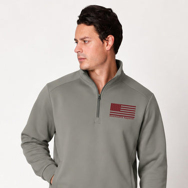 White Red Line quarter zip pullover worn by a model, front view