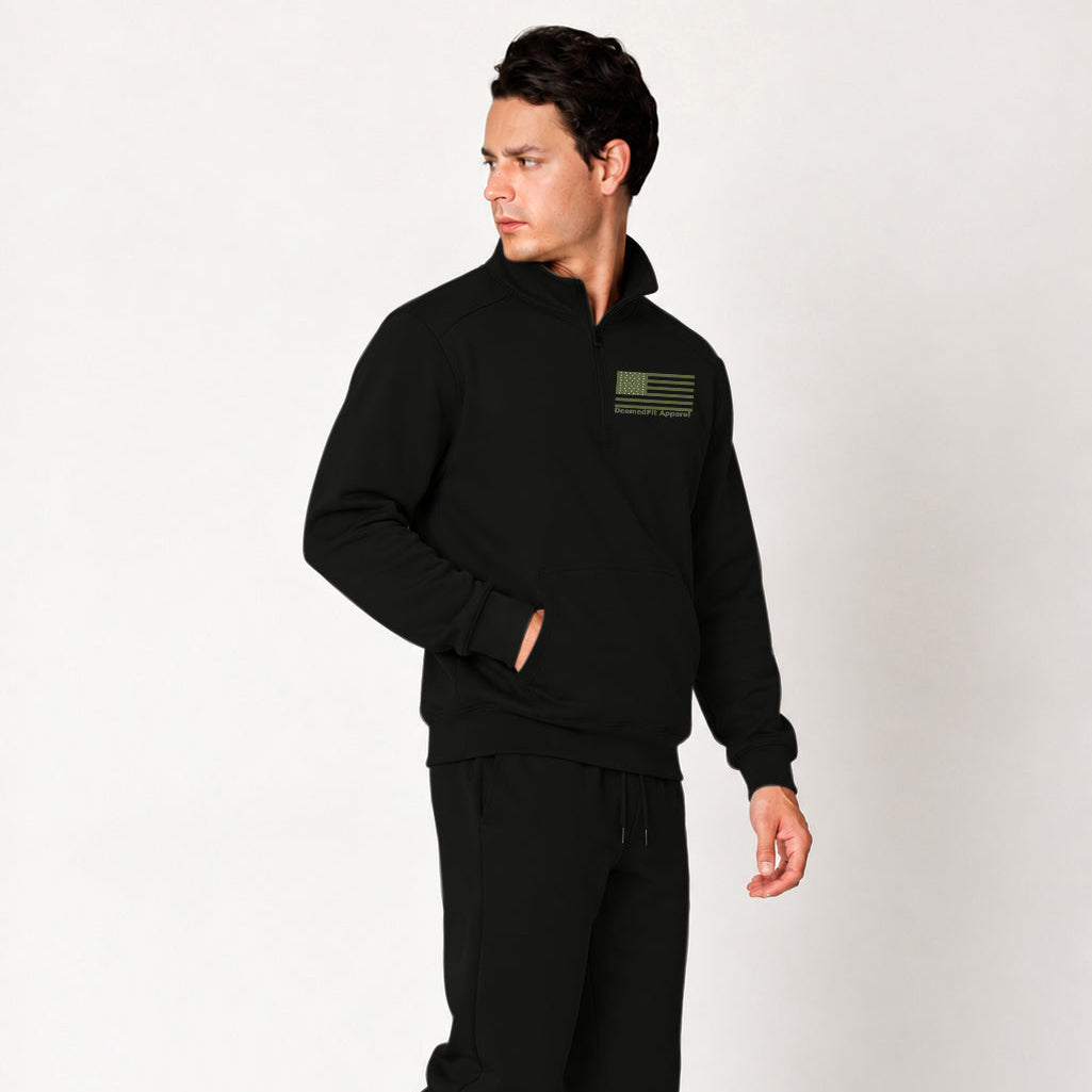 Green Line Quarter Zip Pullover, photo 10 - Military and Veteran Mental Health Apparel - DeemedFit #black