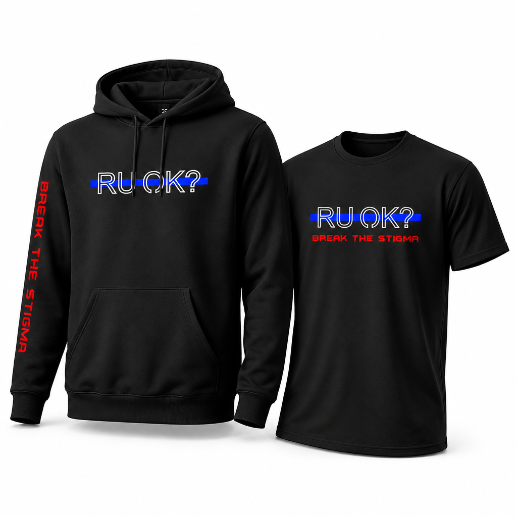 Blue Line Hoodie + Tee bundle with R U OK? graphic for law enforcement - DeemedFit