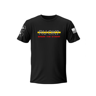 Stigma-Breaking Tee in black with Gold Line design, honoring fallen Harris County deputies.