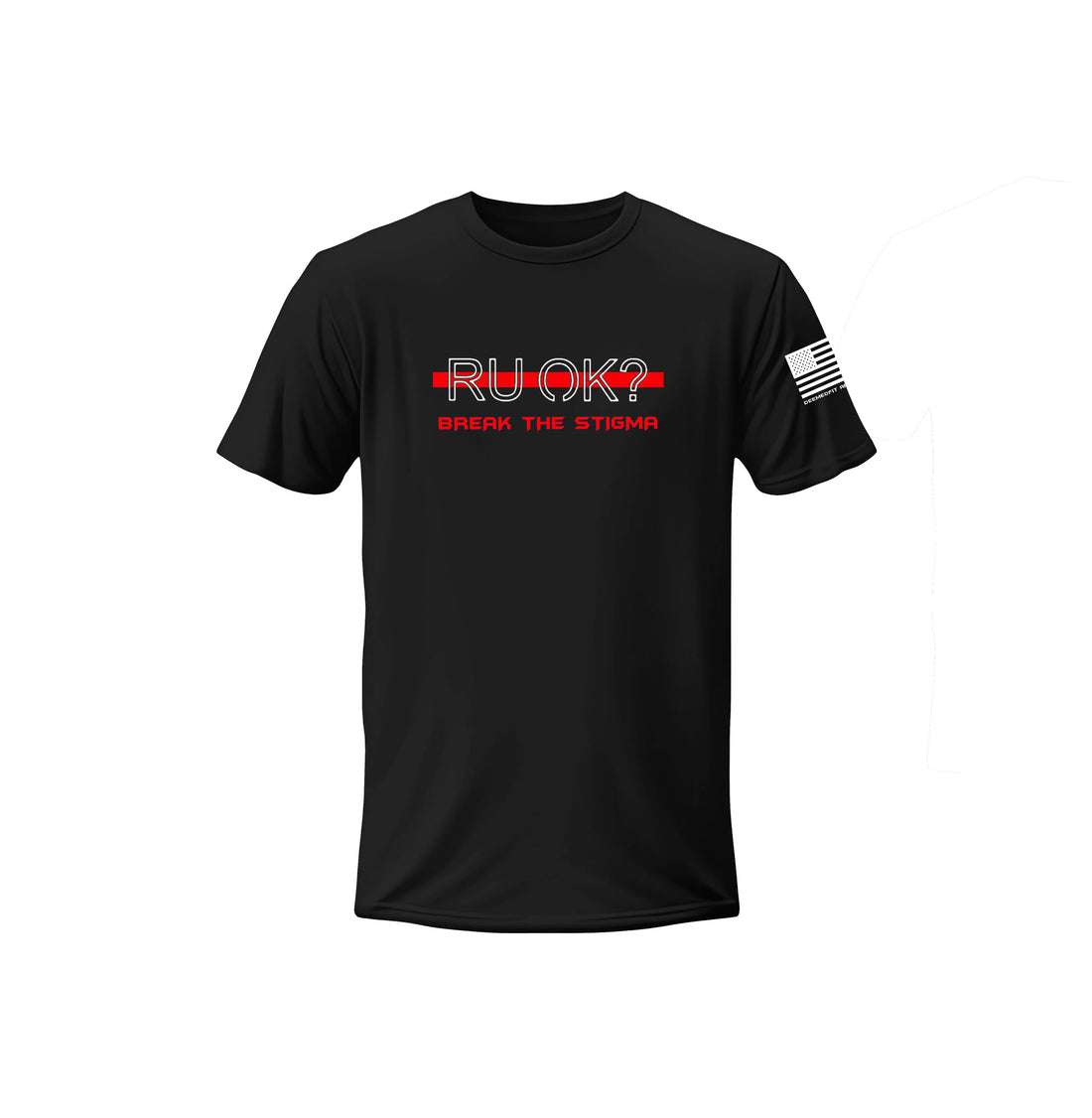Black t-shirt with red and white text on a white background