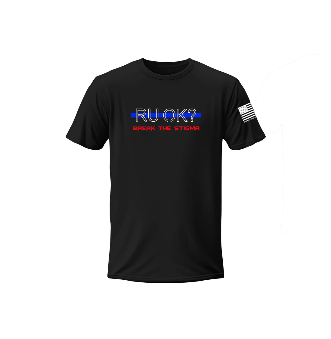 Black t-shirt with 'RUOK?' text and American flag sleeve on a white background