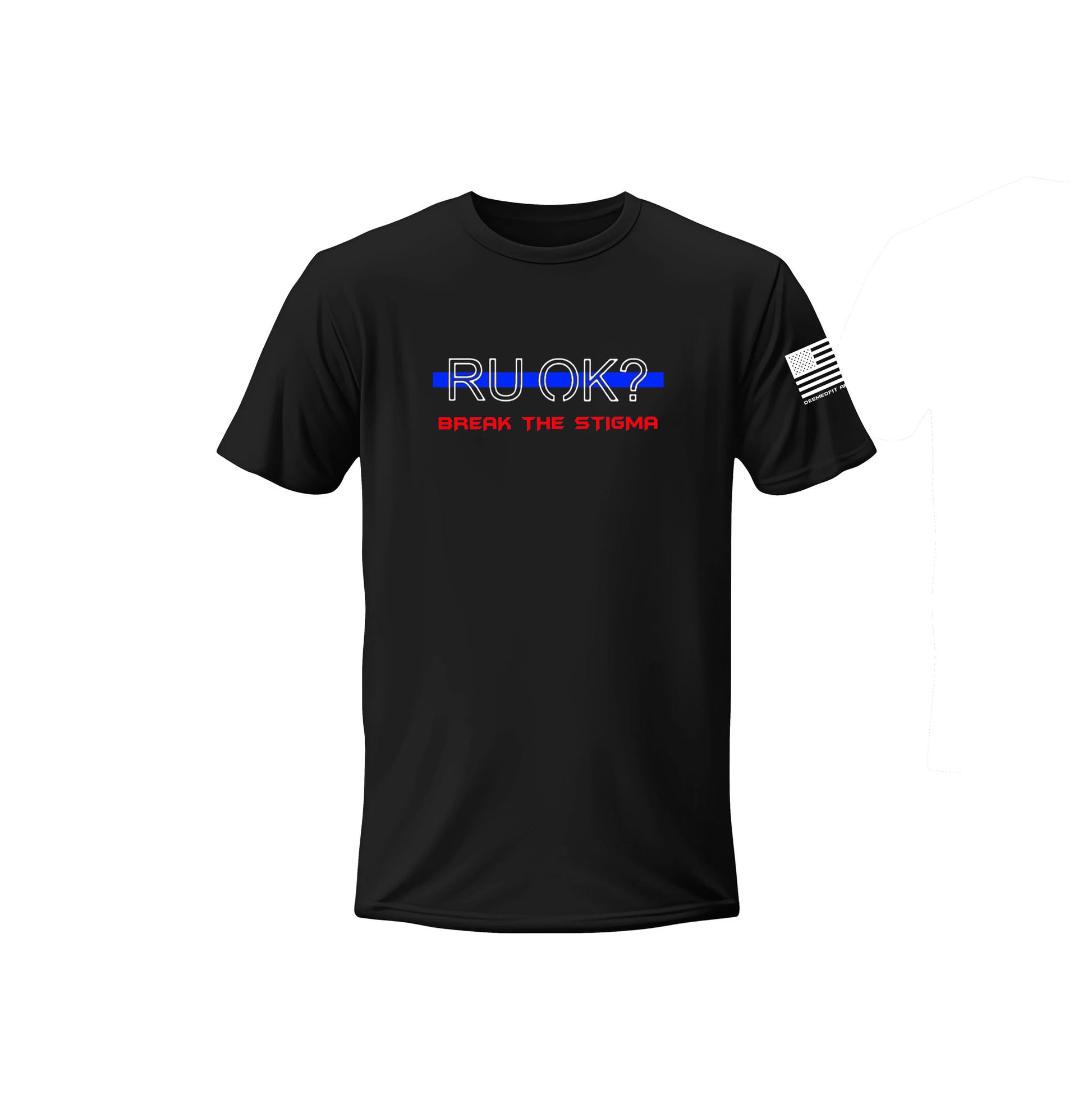 Black t-shirt with 'RUOK?' text and American flag sleeve on a white background