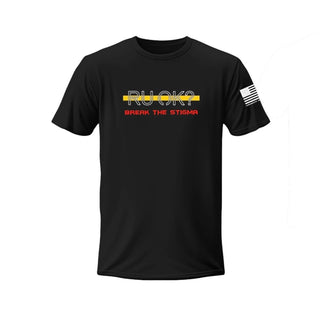 Black t-shirt with text and logo on a white background