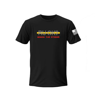 Black t-shirt with text and logo on a white background