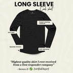 Black long-sleeve shirt with features and customer review on a beige background