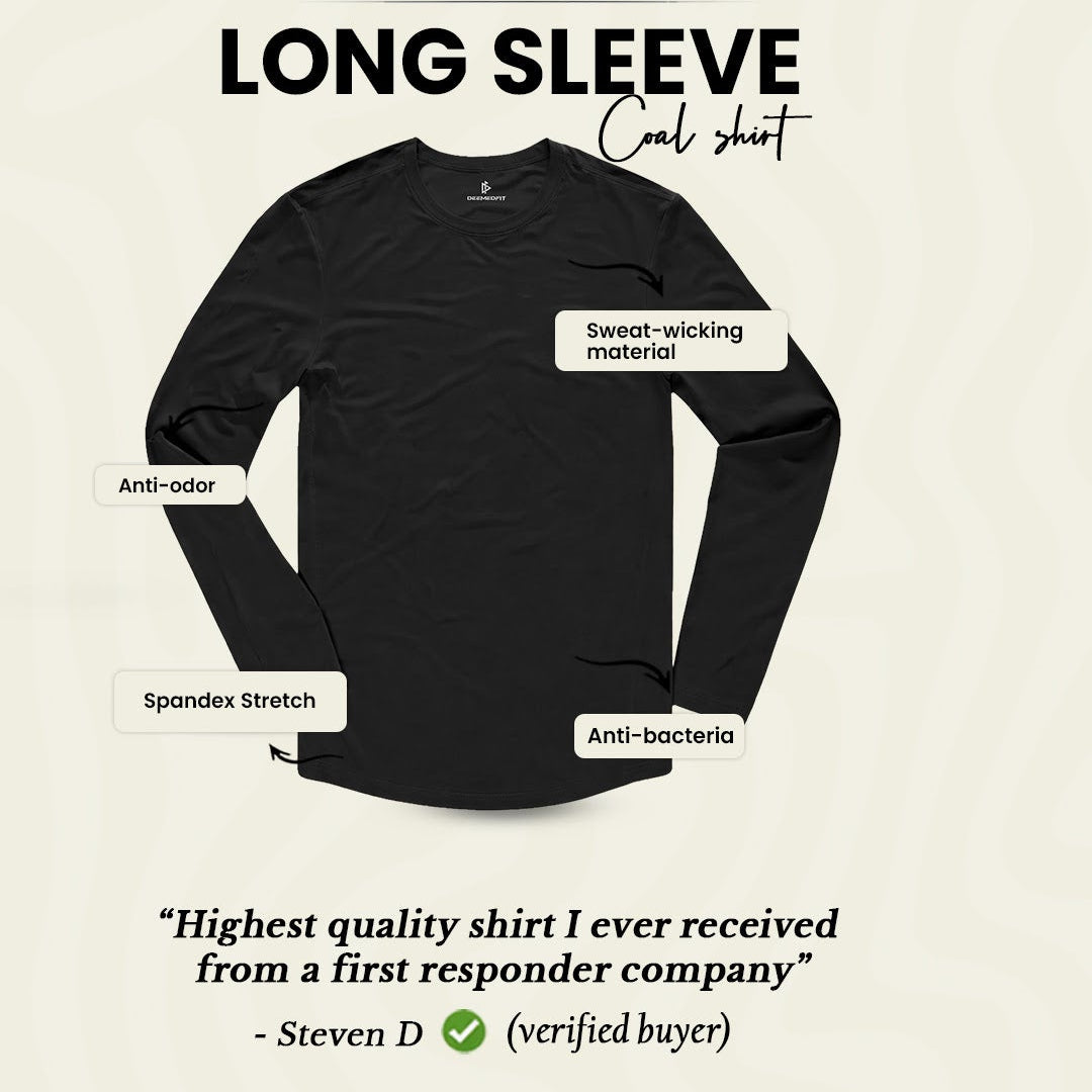 Black long-sleeve shirt with features and customer review on a beige background
