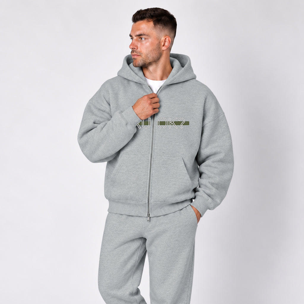 Heavyweight Zip-Up Stigma-Breaking Hoodie, Green Line, photo 5 - Military Mental Health Apparel - DeemedFit #flower-gray
