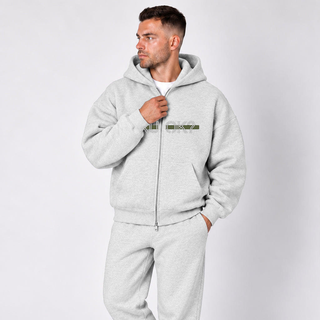 Heavyweight Zip-Up Stigma-Breaking Hoodie, Green Line, photo 6 - Military Mental Health Apparel - DeemedFit #oat-gray