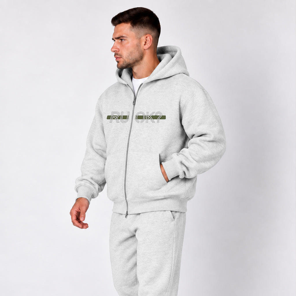 Heavyweight Zip-Up Stigma-Breaking Hoodie, Green Line, photo 9 - Military Mental Health Apparel - DeemedFit #oat-gray