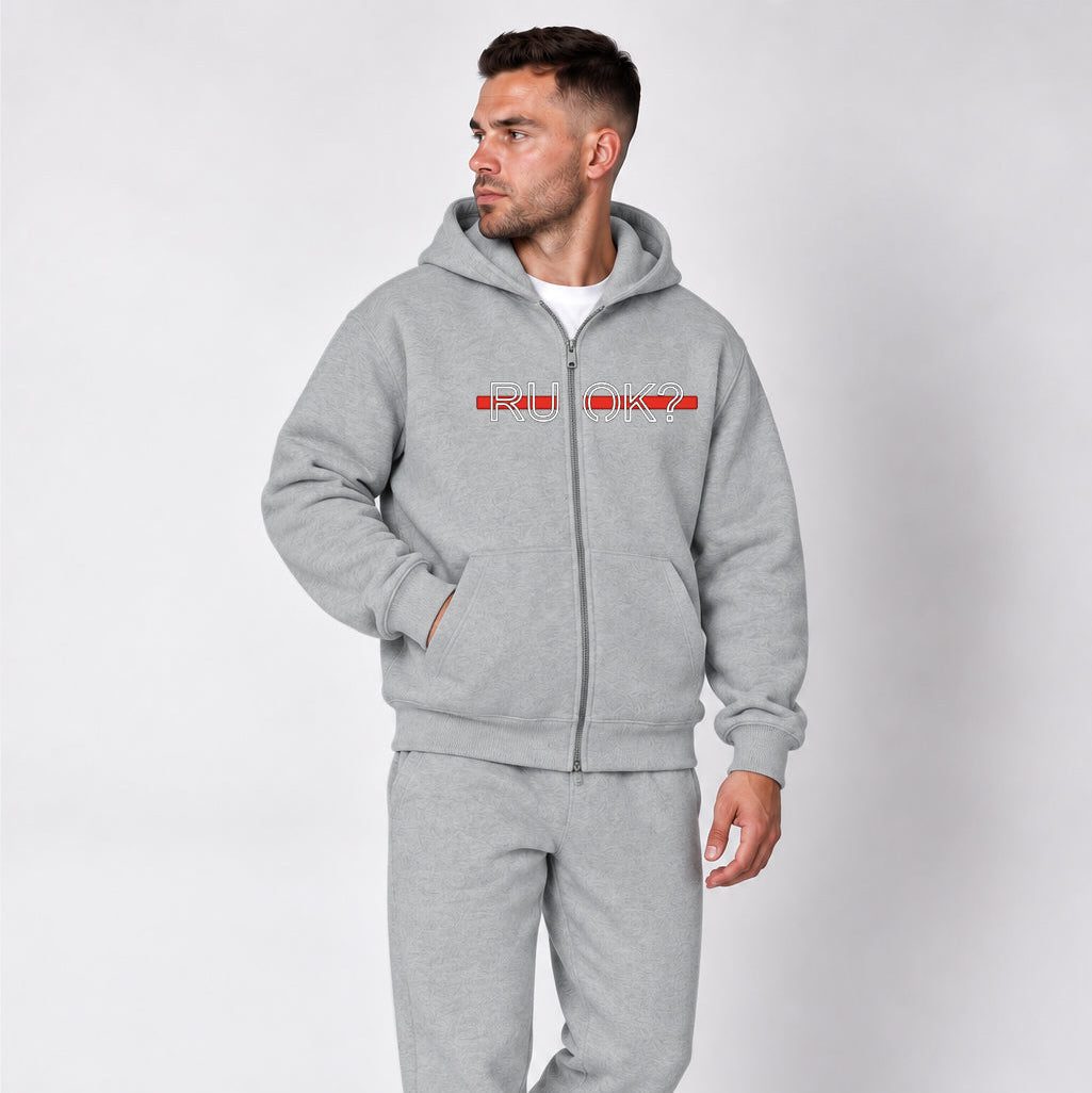 Heavyweight Zip-Up Stigma-Breaking Hoodie, Red Line, photo 2 - Firefighter Mental Health Apparel - DeemedFit #flower-gray